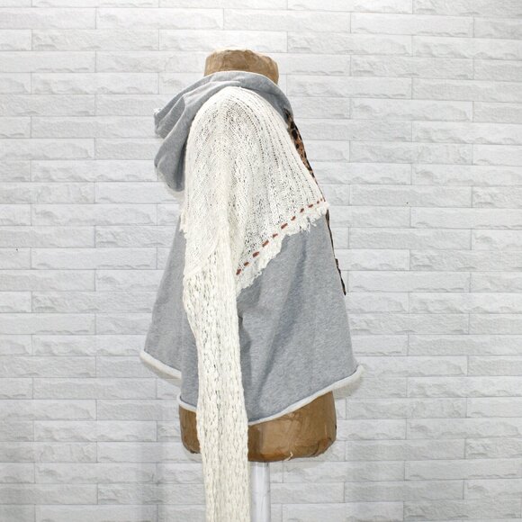 GIMMICKS Sweater Sweatshirt Hoodie Mixed Media Knit Cropped Top Lace Gray Cream - Picture 3 of 11